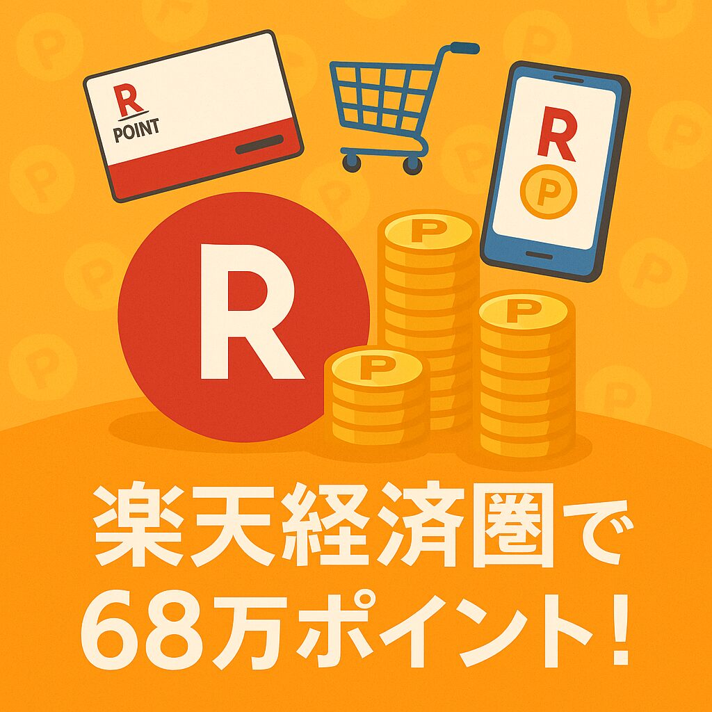 楽天経済圏を活用して68万ポイントを貯めたことを表現するイラスト。楽天ポイントカード、スマホ、買い物カート、積み上がるコインが描かれている。