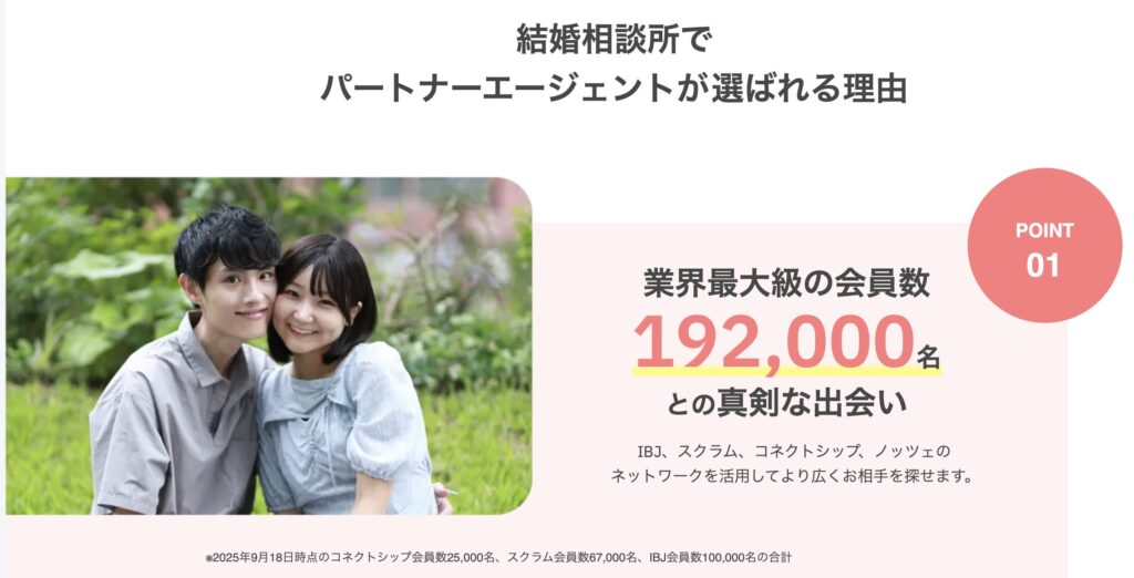 パートナーエージェント公式サイトのスクリーンショット。サービス内容やサポート体制を紹介するページ。