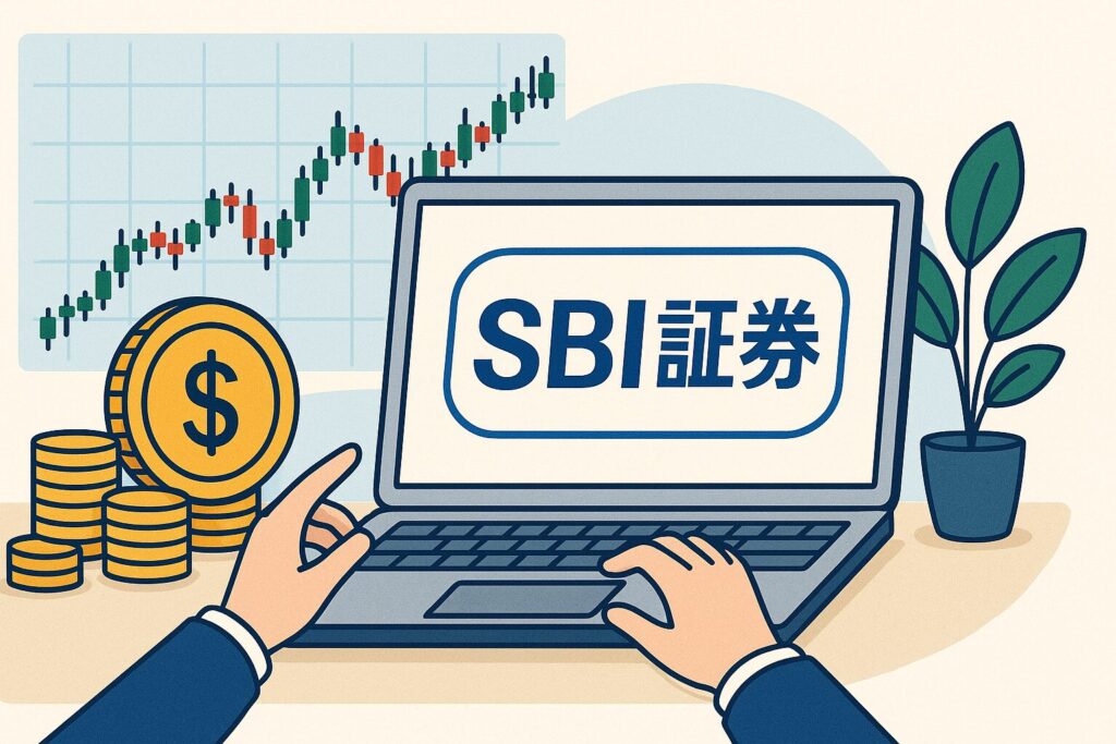 SBI証券をイメージした建物アイコンとグラフのデザイン