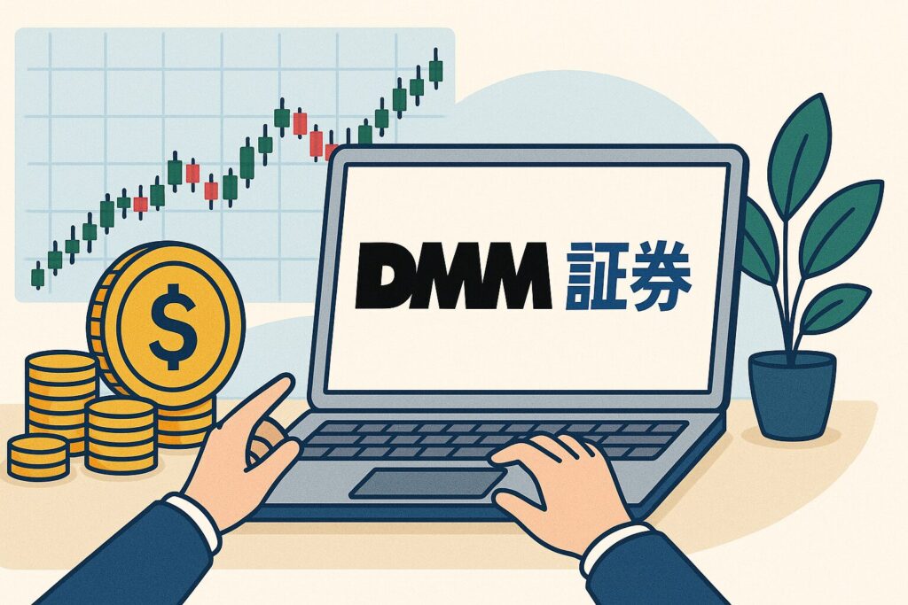 DMM証券をイメージした建物アイコンとグラフのデザイン