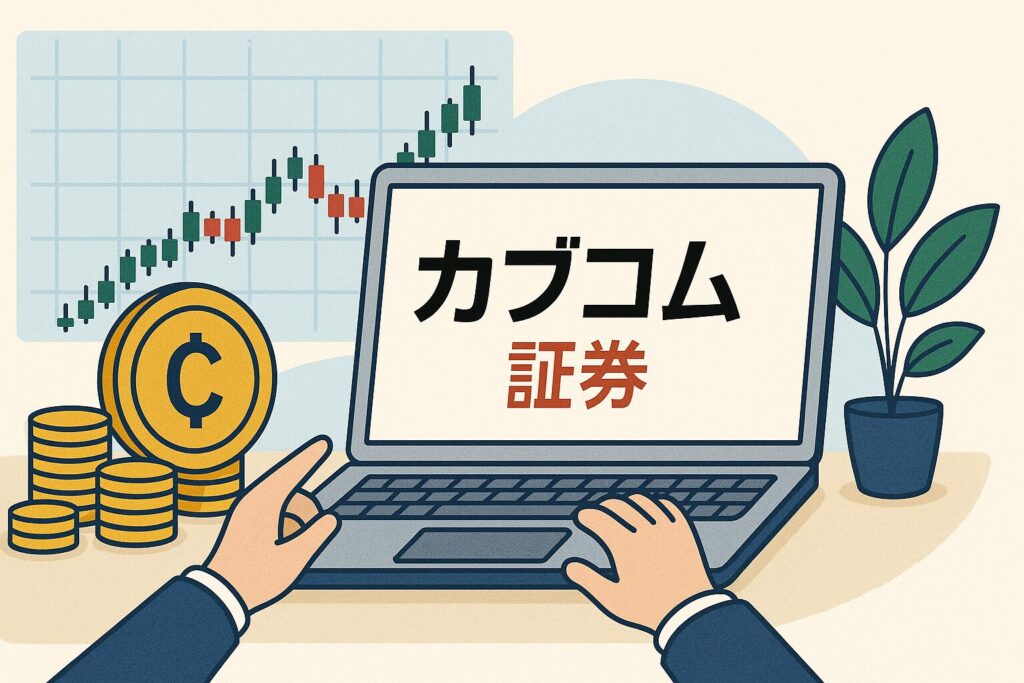 カブコム証券をイメージした建物アイコンとグラフのデザイン