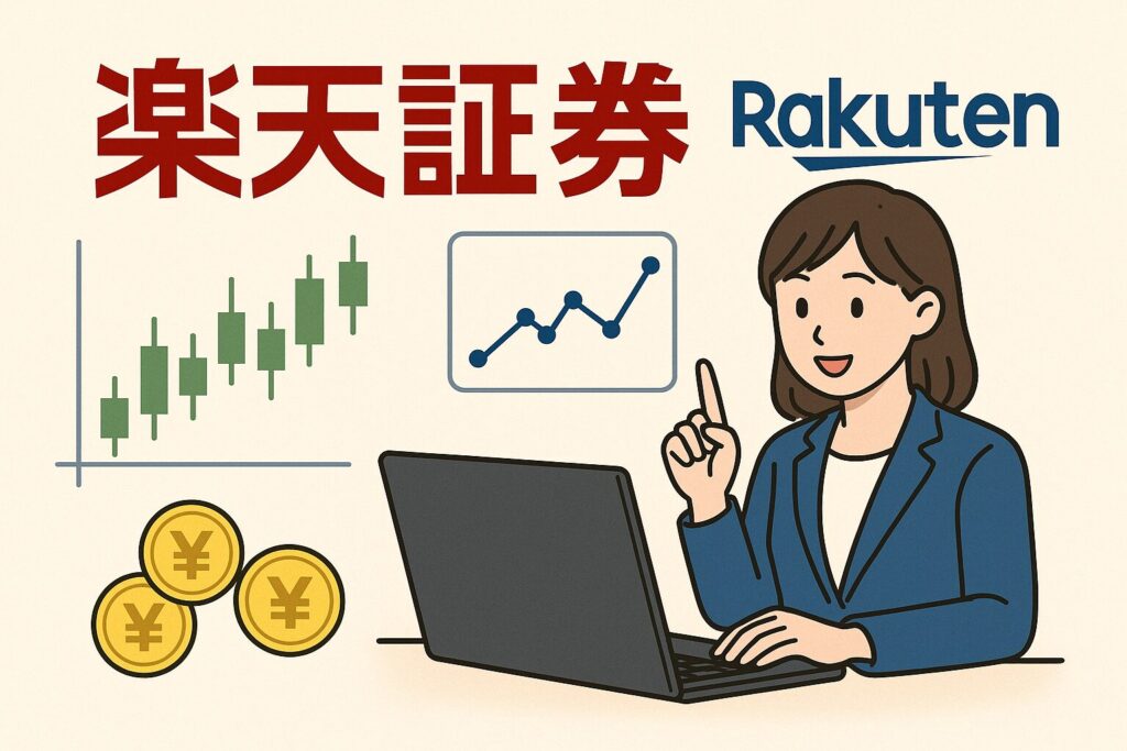 楽天証券をイメージした建物アイコンとグラフのデザイン