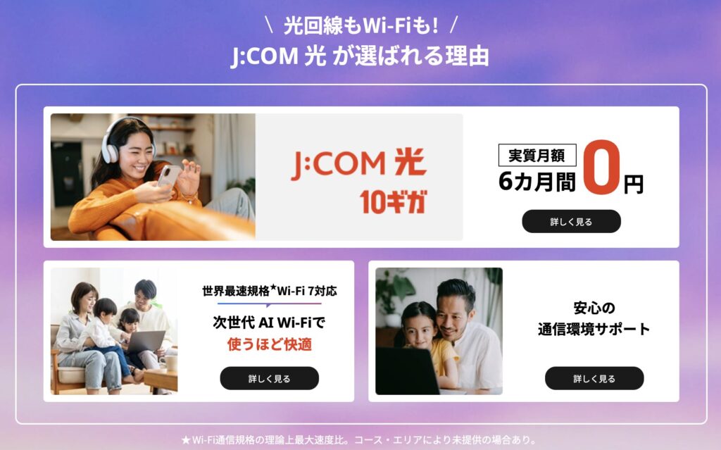 J:COM光の公式サイトに掲載されたサービス紹介画像。光回線とWi-Fiが選ばれる理由を説明し、10ギガプランや6カ月間0円キャンペーン、AI Wi-Fi対応などが紹介されている。