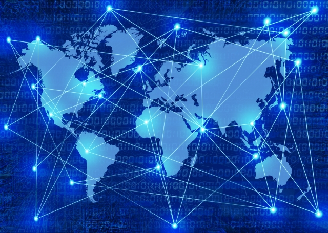 インターネット回線や通信網をイメージした世界地図のイラスト
