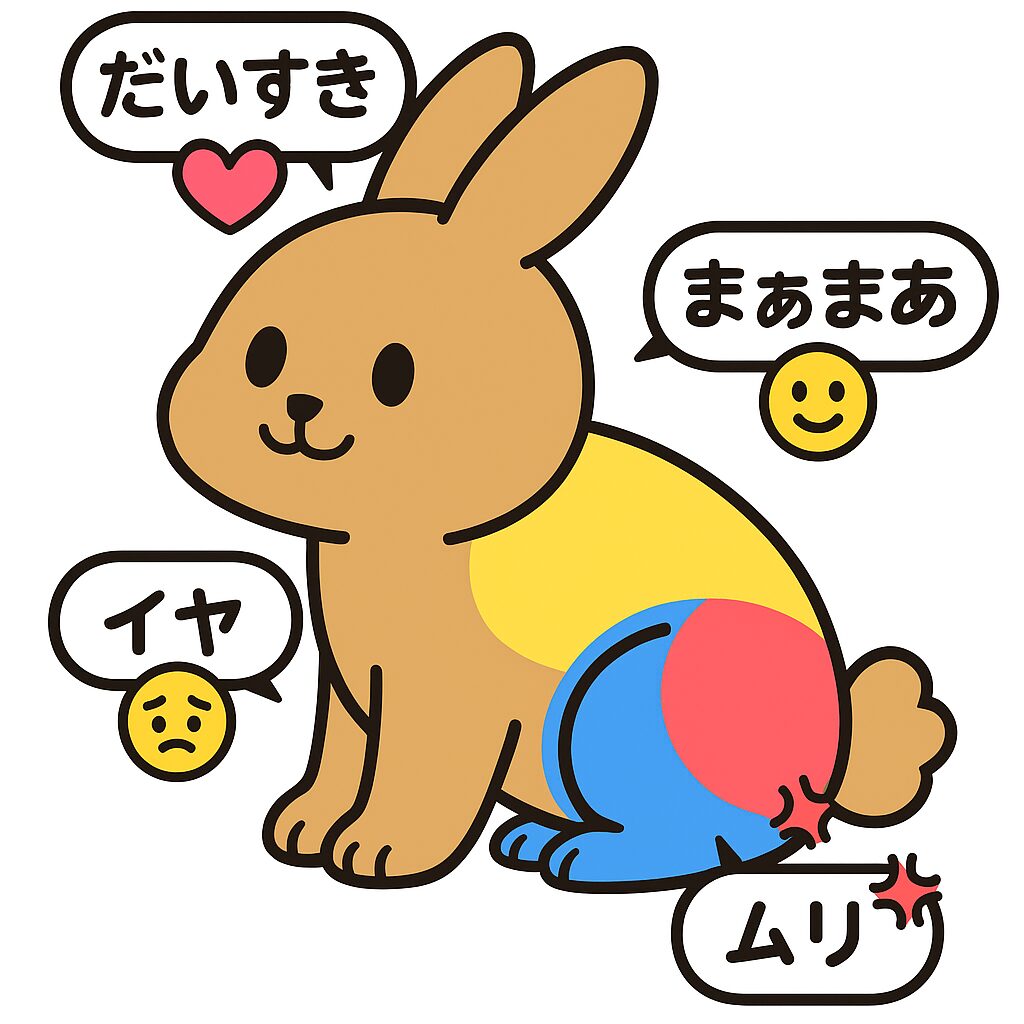 うさぎのおさわりマップを示すイラスト。体の部位ごとにだいすき・まぁまぁ・イヤ・ムリと色分けされている。