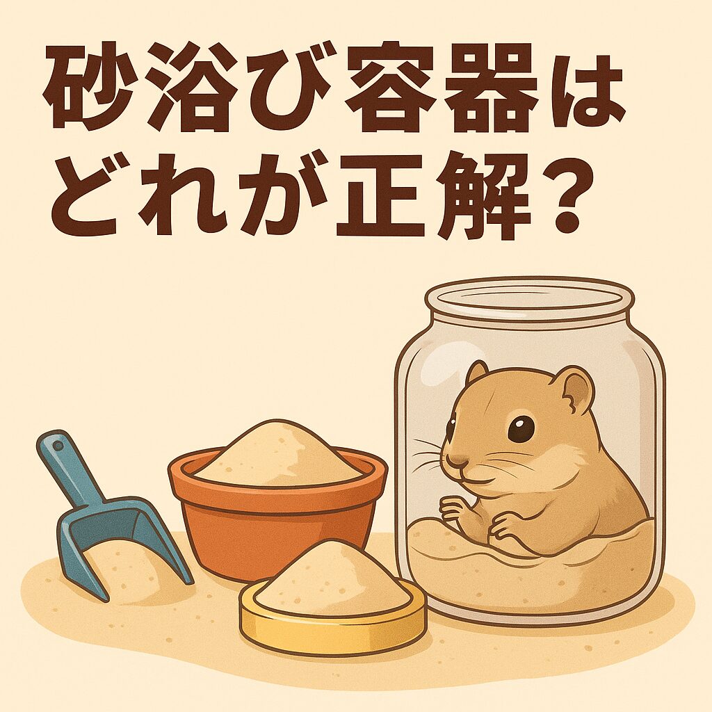 リチャードソンジリスが砂浴びをしているイラストと砂浴び容器の種類を示すアイキャッチ画像