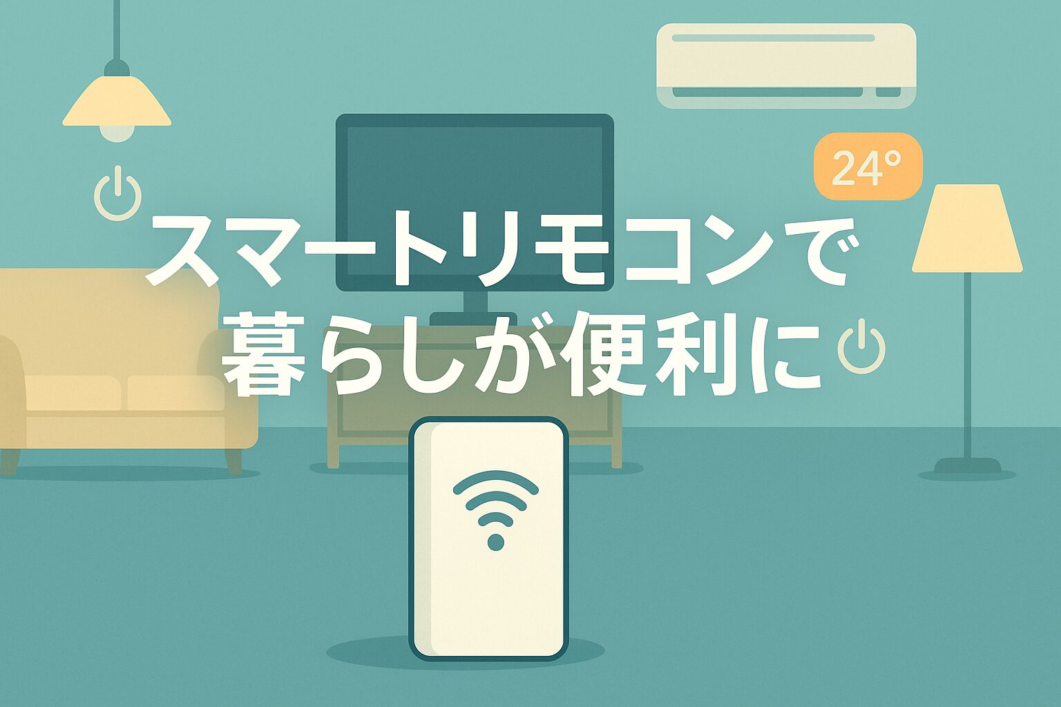 スマートリモコンでエアコンや照明を操作するイラスト