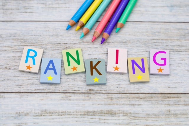 カラフルなクレヨンとアルファベットブロックで「RANKING」と並べられた文字。ランキングを表現するイメージ写真。