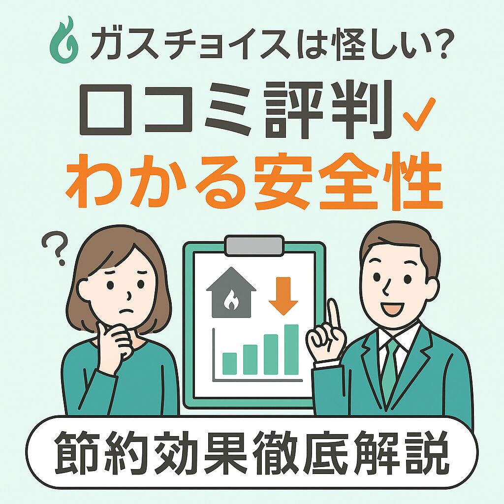 ガスチョイスの評判と安全性を説明する男女のイラスト。節約効果や口コミをわかりやすく紹介している様子。