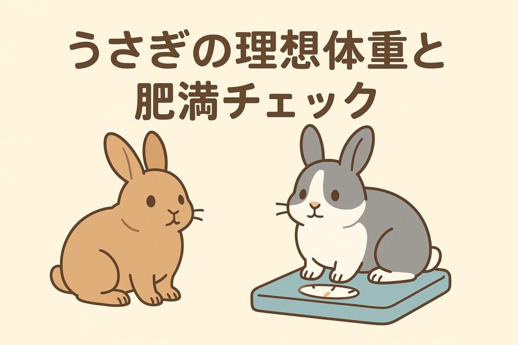 ネザーランドドワーフとミニうさぎが体重計に乗るかわいいイラスト。うさぎの理想体重や肥満チェックをテーマにしたアイキャッチ画像です。