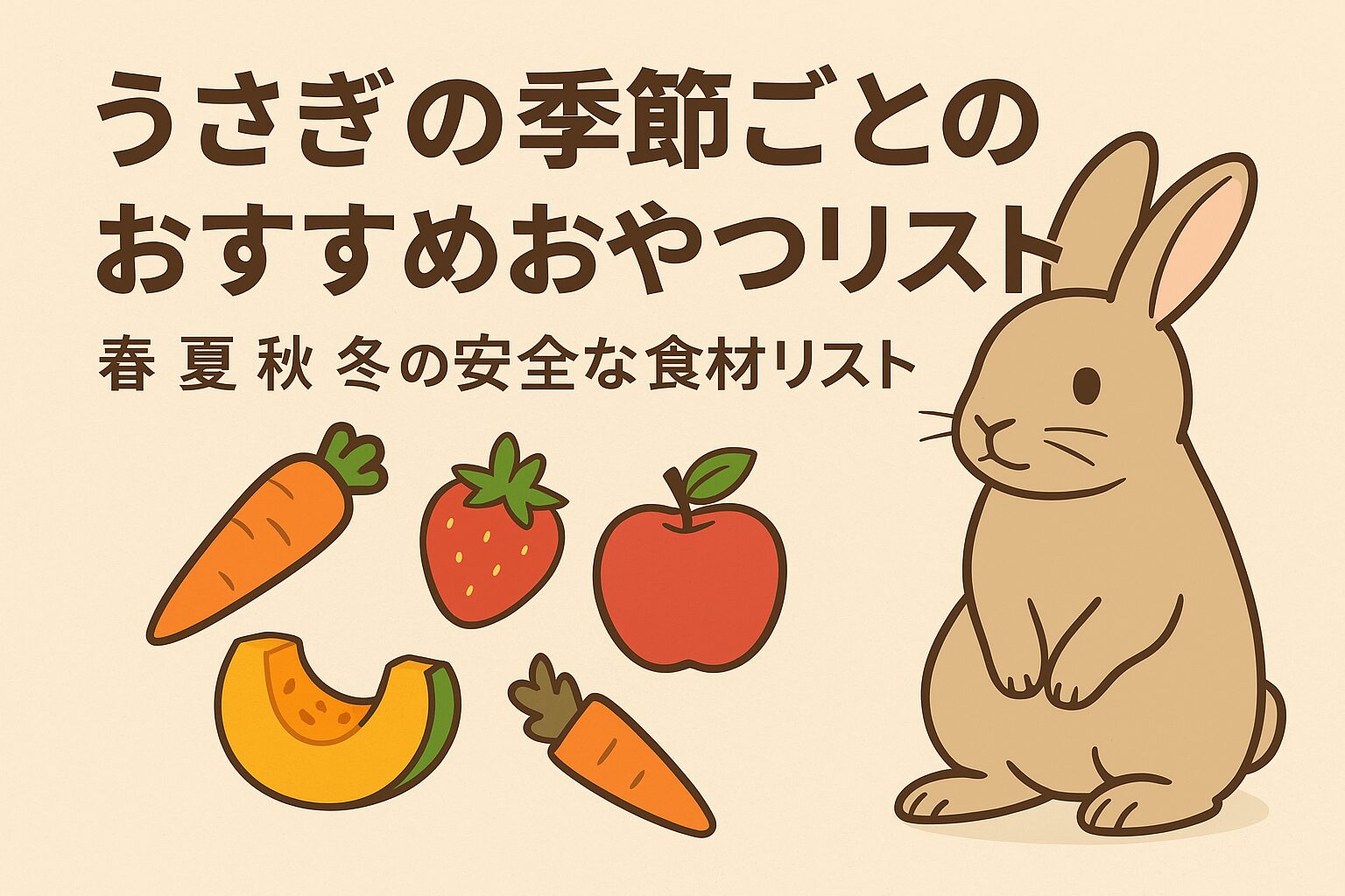 にんじんや果物と一緒に描かれたうさぎのイラストと「うさぎの季節ごとのおすすめおやつリスト」の文字