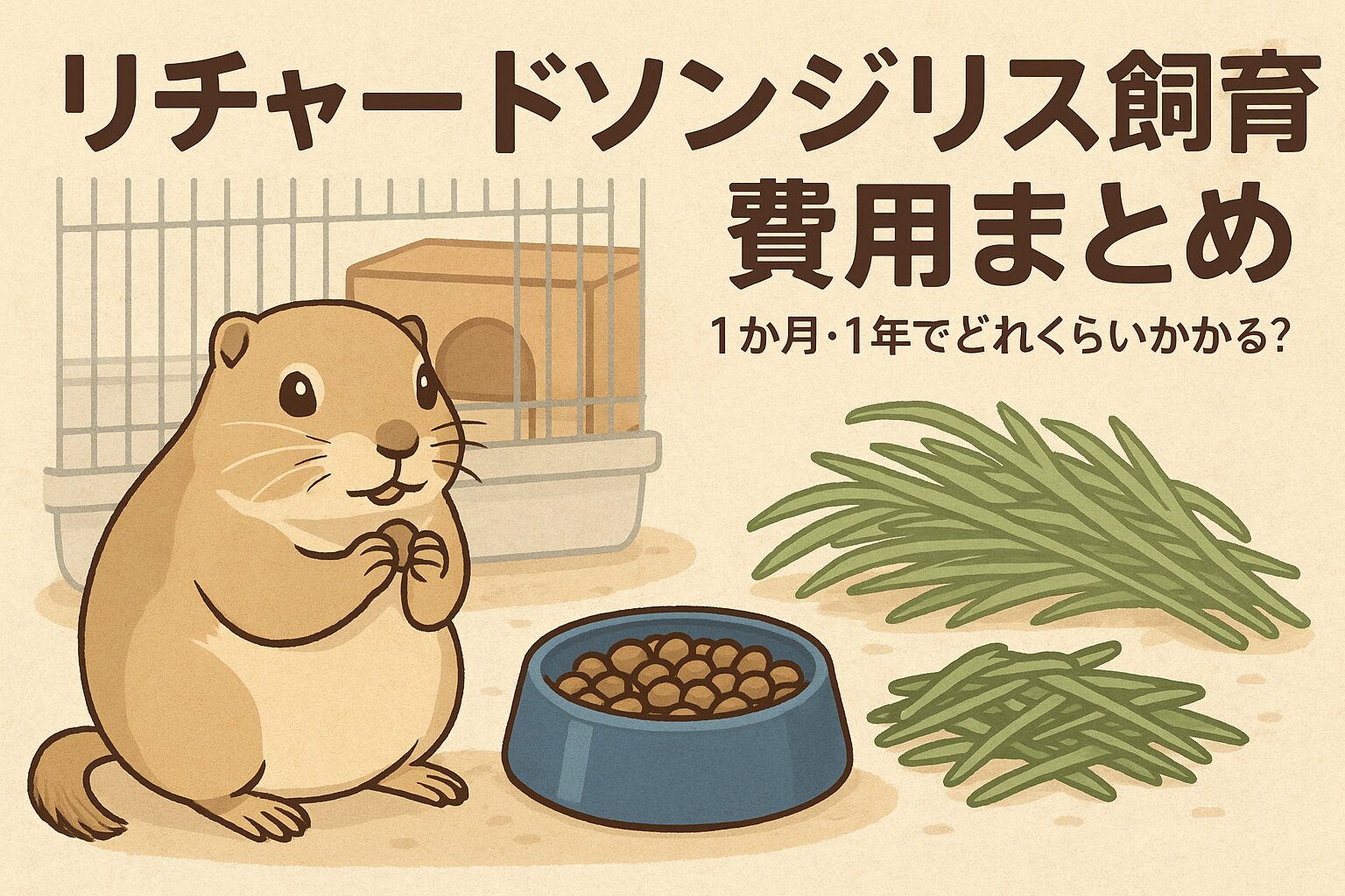 ケージの前でペレットとチモシーを食べるリチャードソンジリスのイラストと費用まとめの文字入りアイキャッチ画像