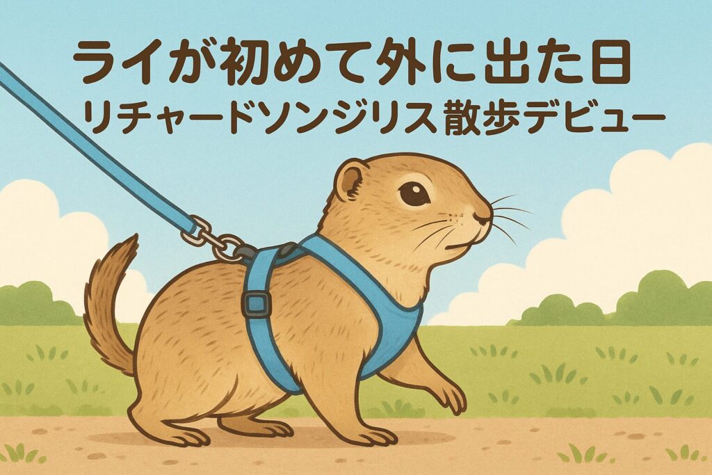 ハムスター用ハーネスをつけて外を歩くリチャードソンジリスのライ。初めての散歩を楽しむ様子を描いたイラスト。