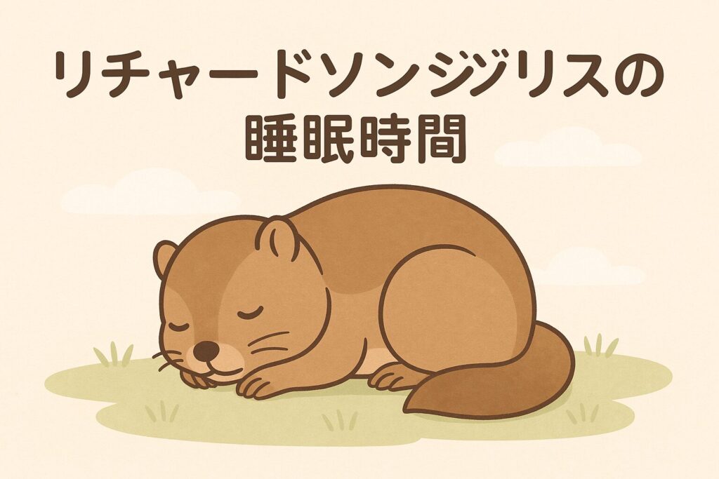 リチャードソンジリスが眠る姿をやさしく描いたアイキャッチ画像です。淡いベージュ背景に、中央で丸まって眠る姿をイラスト化しています。