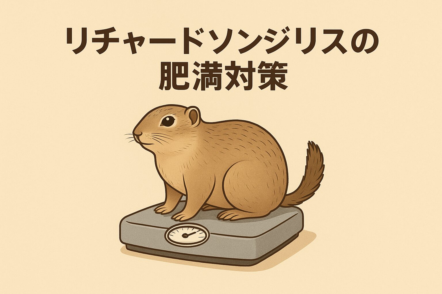 体重計にちょこんと乗るリチャードソンジリスの可愛いイラスト。肥満を防いで健康に過ごすためのヒントをまとめました。
