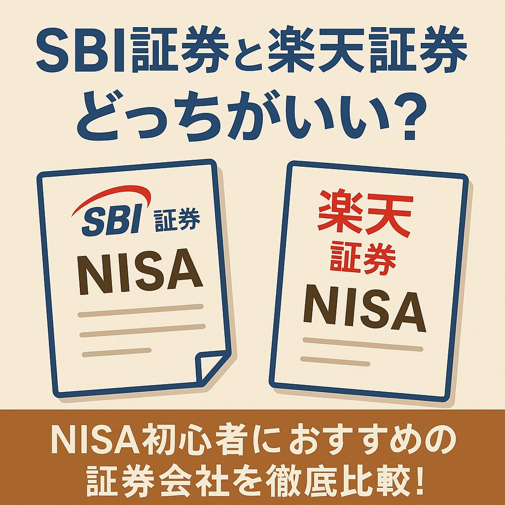 SBI証券と楽天証券を比較したNISA向けイラスト。中央の天秤に青と赤のモチーフを配置し、「SBI証券 vs 楽天証券 NISA比較」とわかりやすく表現。