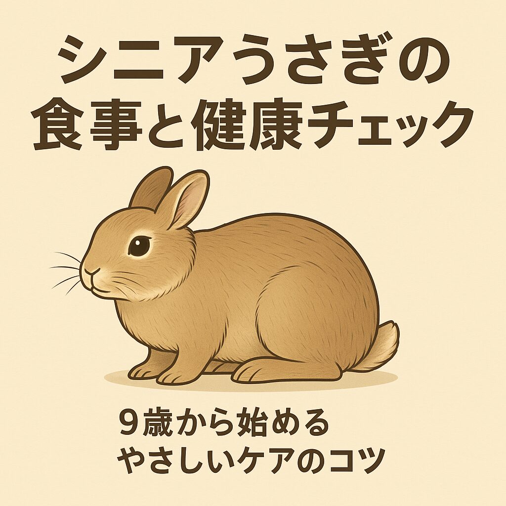 やさしい表情のうさぎが穏やかに過ごすイラスト。9歳から始める食事と健康チェックのポイントをまとめました。