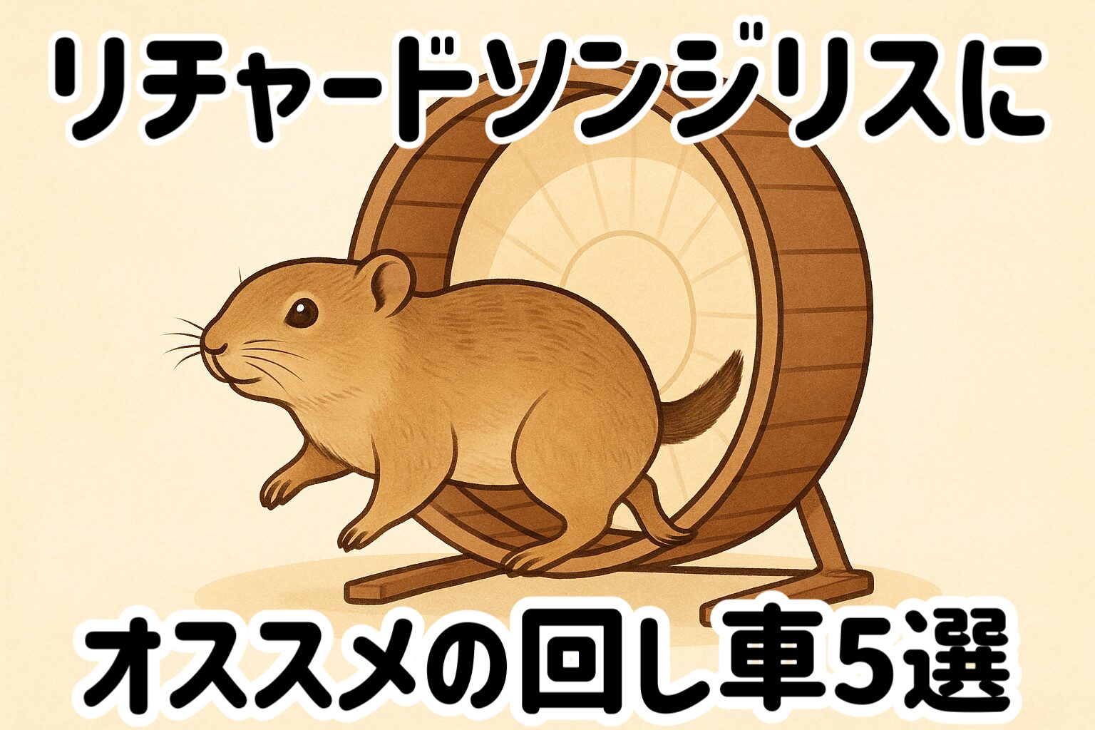 木製の回し車で楽しそうに走るリチャードソンジリスのイラスト。ずんぐりした体型と短い尾が特徴で、穏やかな表情が描かれています。