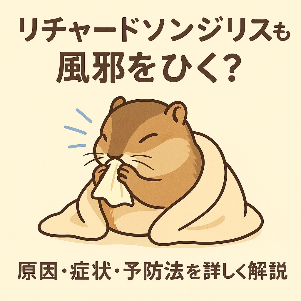 毛布にくるまってくしゃみをしているリチャードソンジリスのイラスト。上に「リチャードソンジリスも風邪をひく?」、下に「原因・症状・予防法を詳しく解説」と書かれている。