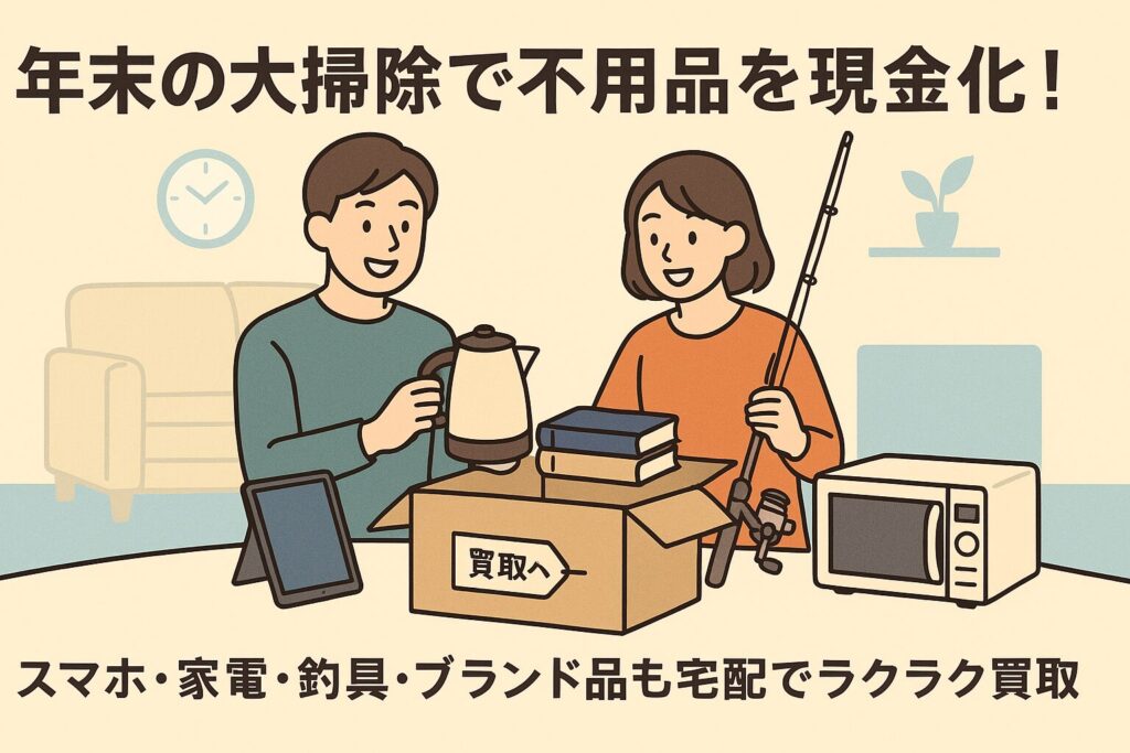 スマホや家電、釣具、ブランド品など、自宅にいながら買取できる便利なサービスを紹介。年末の大掃除で出た不用品をお得に現金化しよう。