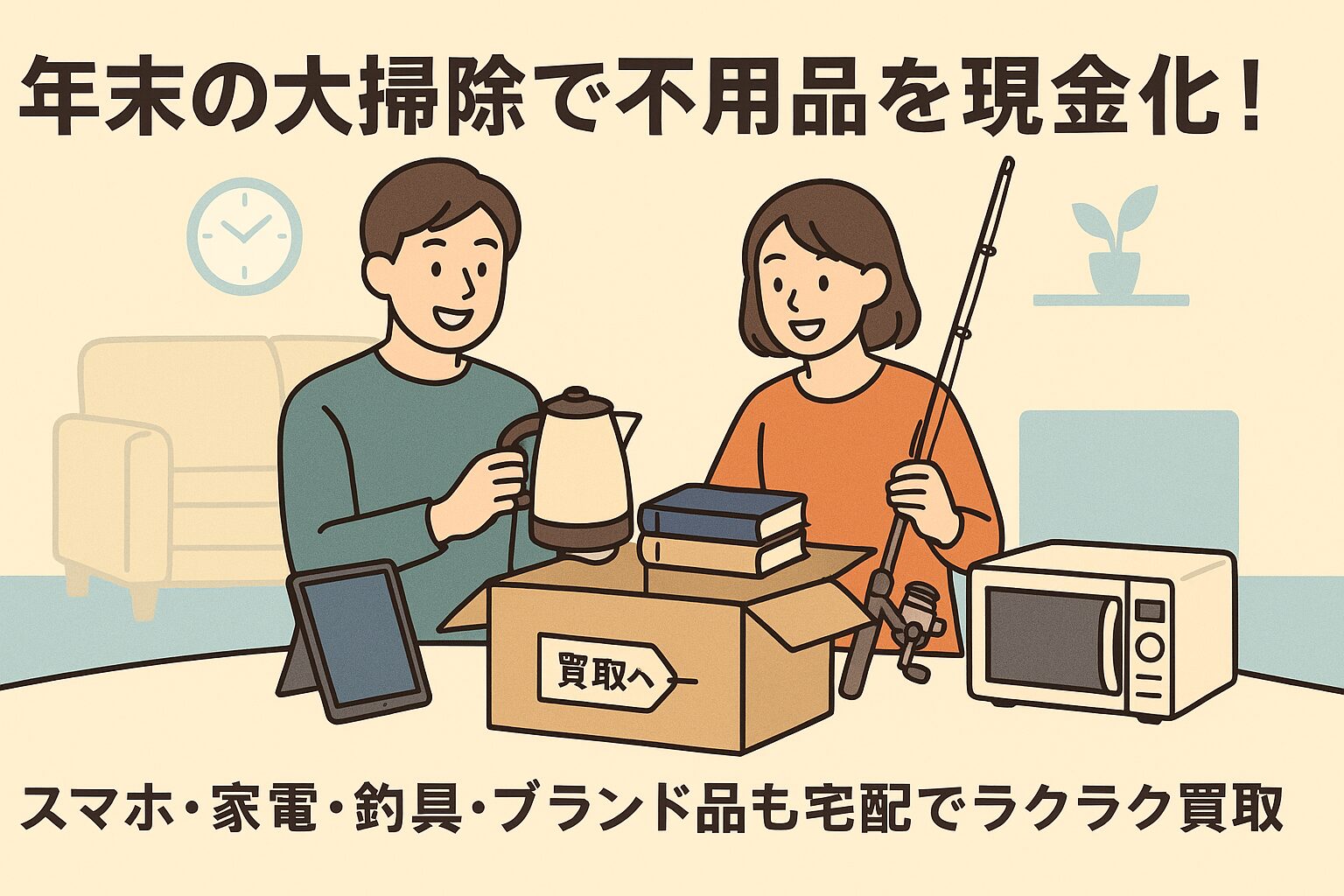 スマホや家電、釣具、ブランド品など、自宅にいながら買取できる便利なサービスを紹介。年末の大掃除で出た不用品をお得に現金化しよう。