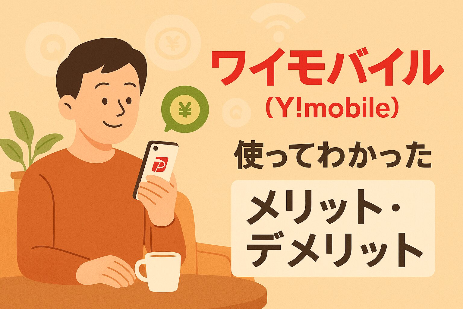 スマホ料金を見直すならワイモバイル(Y!mobile)も選択肢の一つ。実際に使って感じた通信の安定性やPayPay連携の強みをイラストで表現。