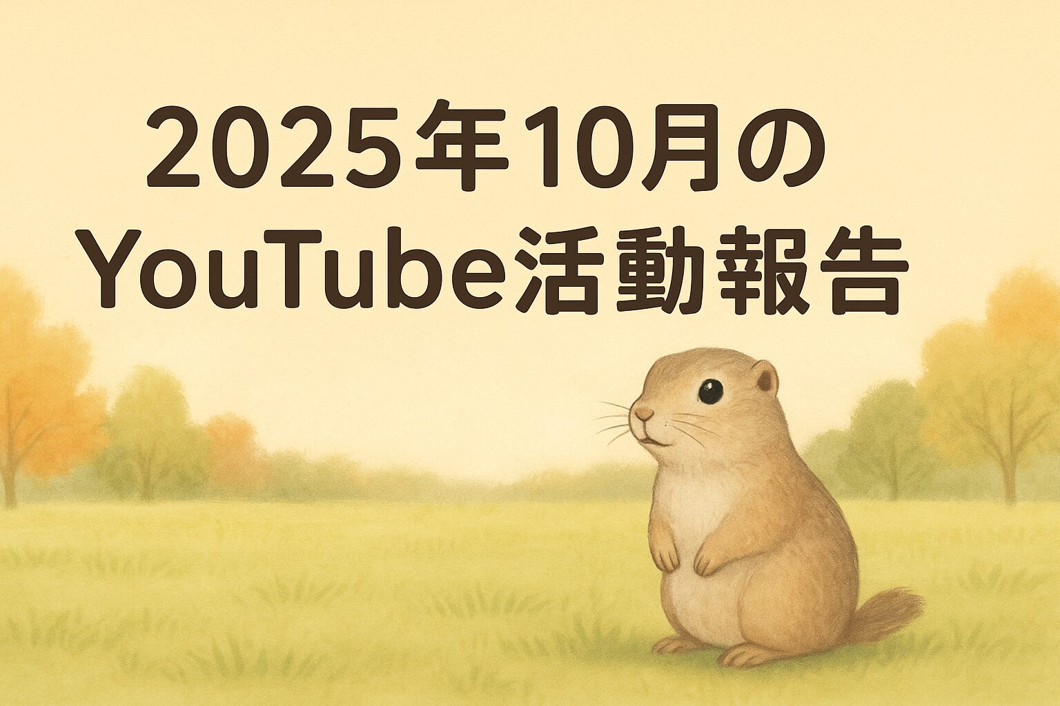 秋の公園でリチャードソンジリスのライが外を散歩しているイラスト。穏やかな秋色の景色に「2025年10月のYouTube活動報告」という文字を中央に配置し、チャンネルの成長を感じる温かい雰囲気を表現しています。