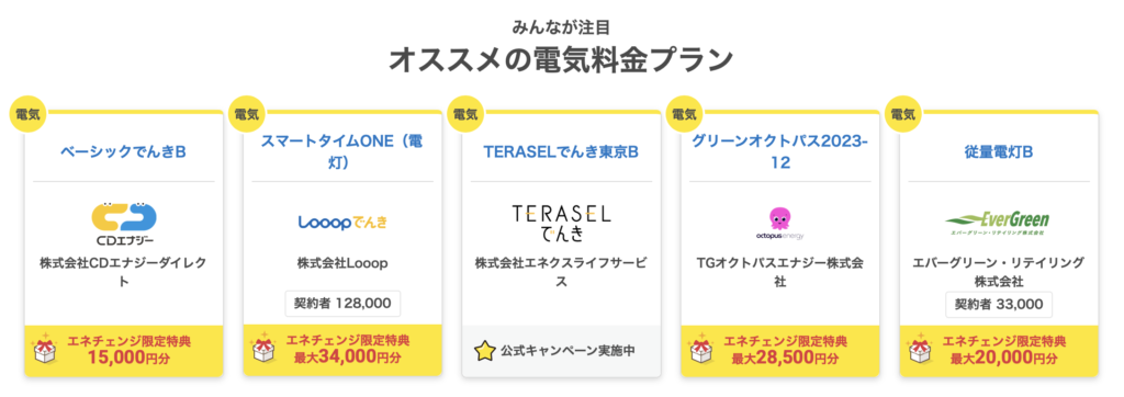 人気の電気料金プランと限定特典がまとめて表示されたページの切り抜きです