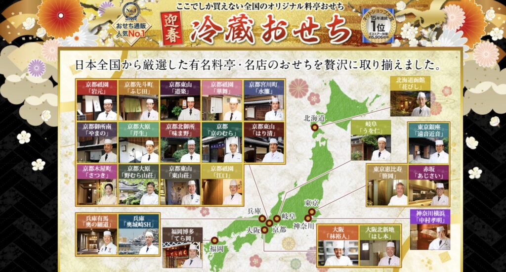 京都を中心に、日本全国の料亭・名店が監修した冷蔵おせちをラインナップ。