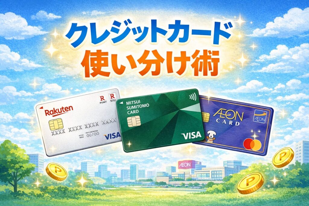 楽天カード・三井住友カード(NL)・イオンカードの特徴を踏まえた最適な使い分けをイラストで表現したアイキャッチです。