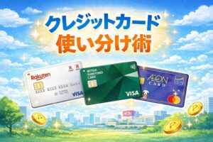 楽天カード・三井住友カード（NL）・イオンカードの特徴を踏まえた最適な使い分けをイラストで表現したアイキャッチです。