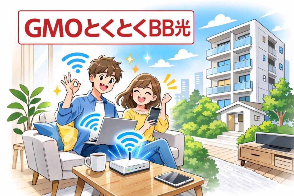 GMOとくとくBB光のイメージイラスト。賃貸マンションでも導入しやすい光回線サービスを表現。