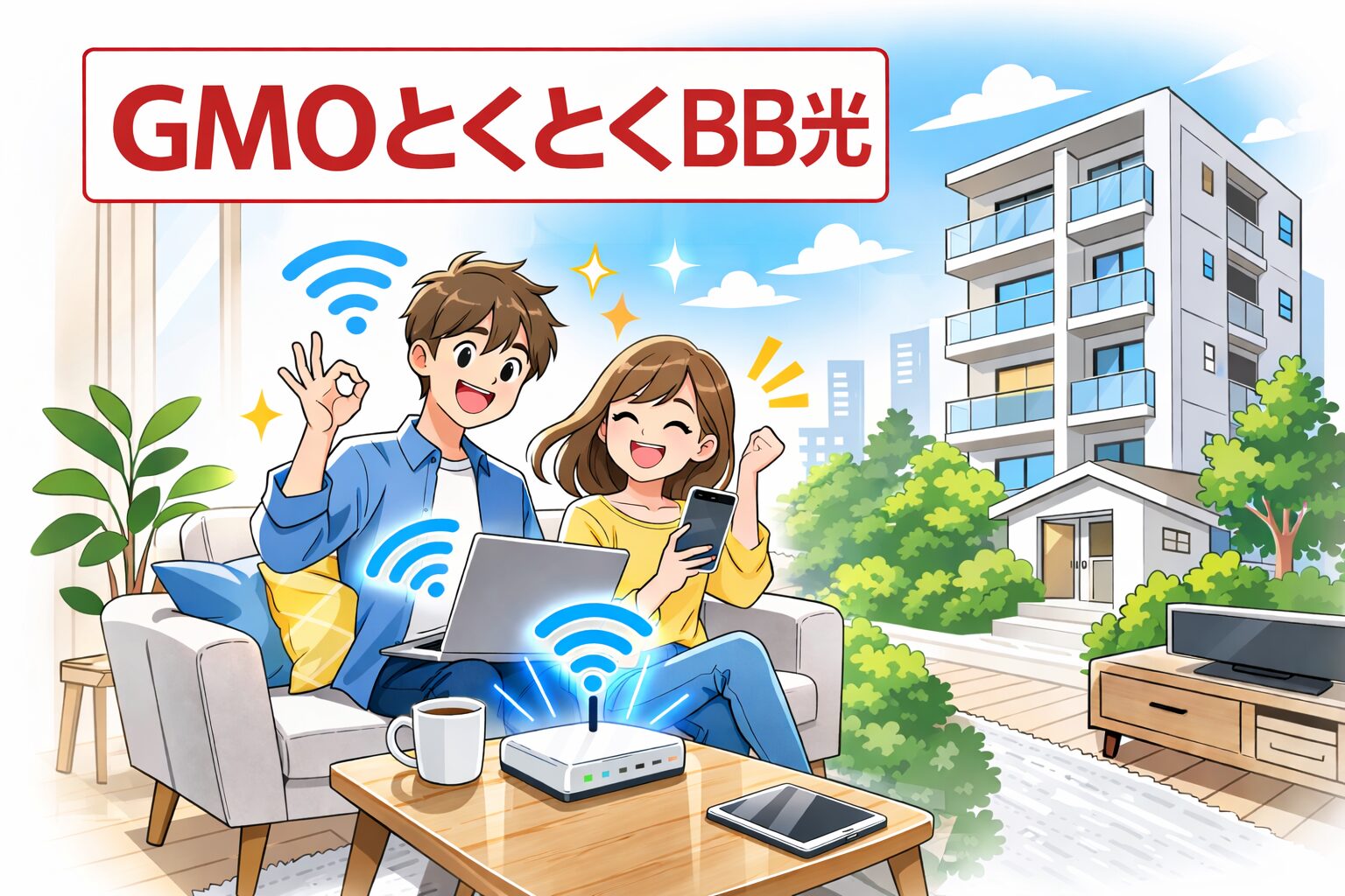 GMOとくとくBB光のイメージイラスト。賃貸マンションでも導入しやすい光回線サービスを表現。