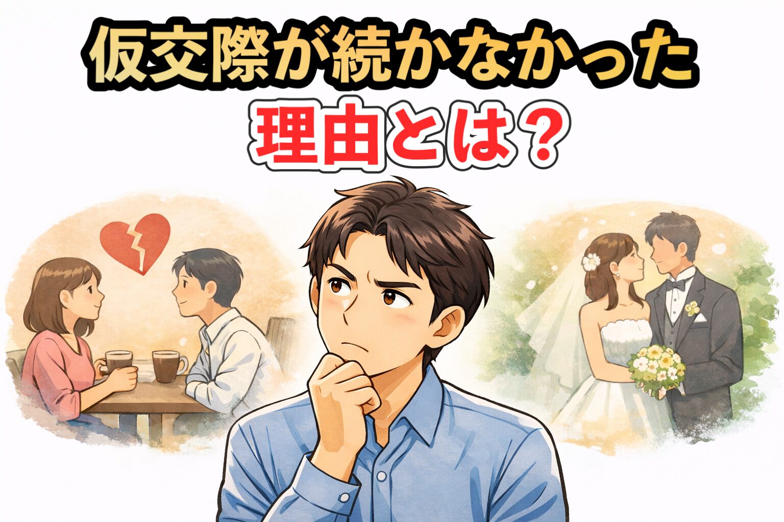 カフェでの仮交際と結婚のイメージの間で悩む30代男性を描いたイラスト