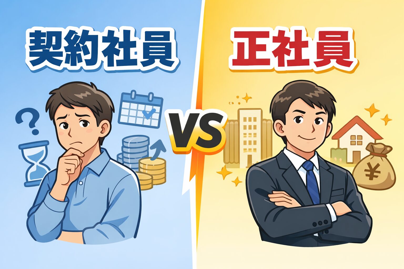 契約社員と正社員の違いを比較したイラスト