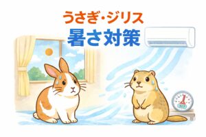 暑さ対策をするうさぎとリチャードソンジリスのイラスト。エアコンの冷風で部屋を涼しくしている様子。