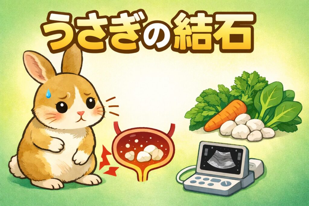 うさぎが困った表情でお腹を気にしているイラストと、膀胱の中に石がある図を中心にしたアイキャッチ画像