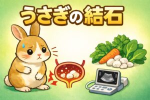 うさぎが困った表情でお腹を気にしているイラストと、膀胱の中に石がある図を中心にしたアイキャッチ画像