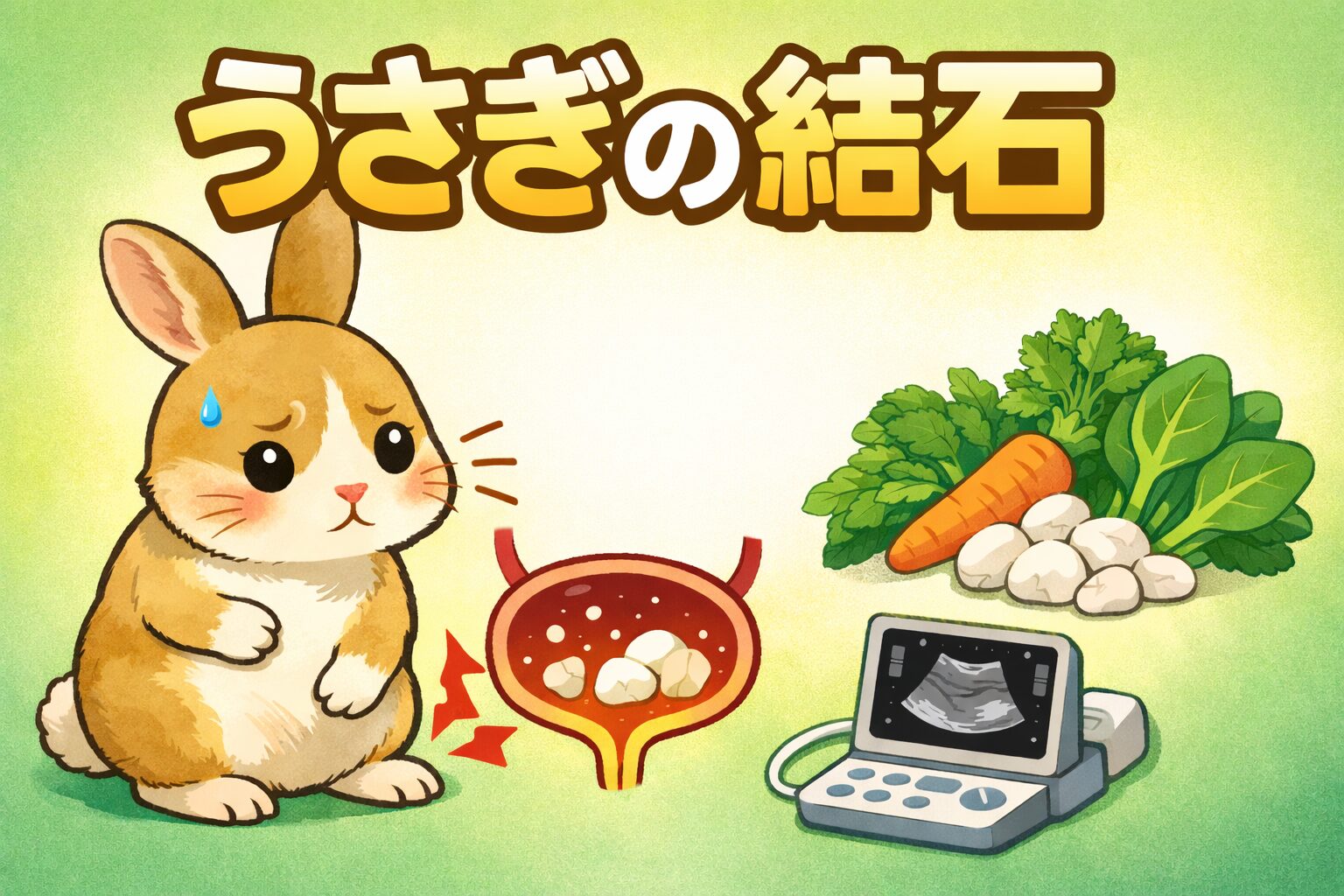 うさぎが困った表情でお腹を気にしているイラストと、膀胱の中に石がある図を中心にしたアイキャッチ画像